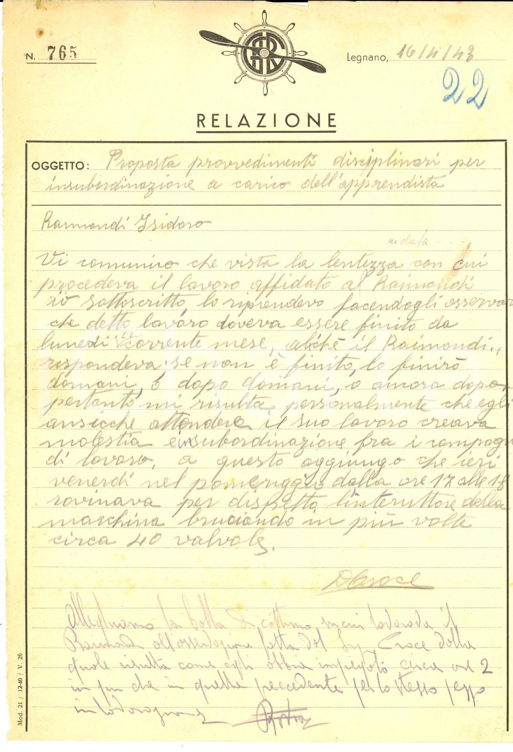 Documento originale, autentico 1943 LEGNANO MI Industria Meccanica  Isidoro RAIMONDI operaio insubordinato 1
