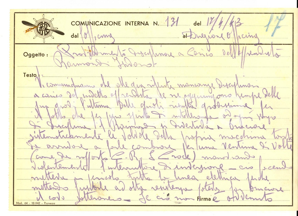 Documento originale, autentico 1943 LEGNANO Industria Meccanica  Apprendista Isidoro RAIMONDI brucia valvole 1