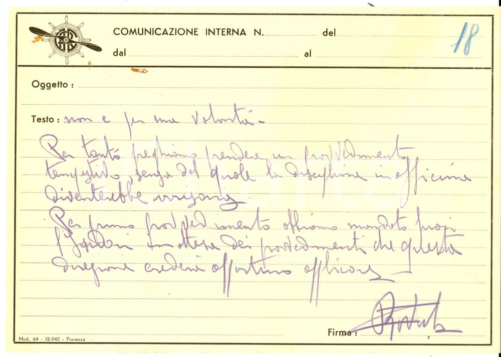 Documento originale, autentico 1943 LEGNANO Industria Meccanica  Apprendista Isidoro RAIMONDI indisciplinato 1