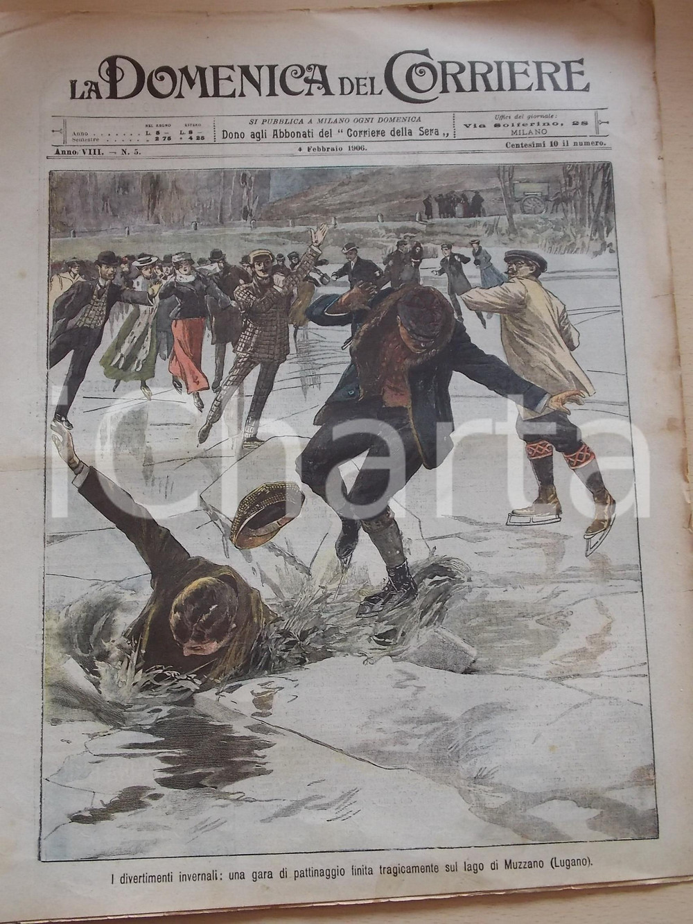 Giornale, rivista storica 1906 DOMENICA DEL CORRIERE Alluvione dell ESARO  Incidente pattinaggio a Lugano 1