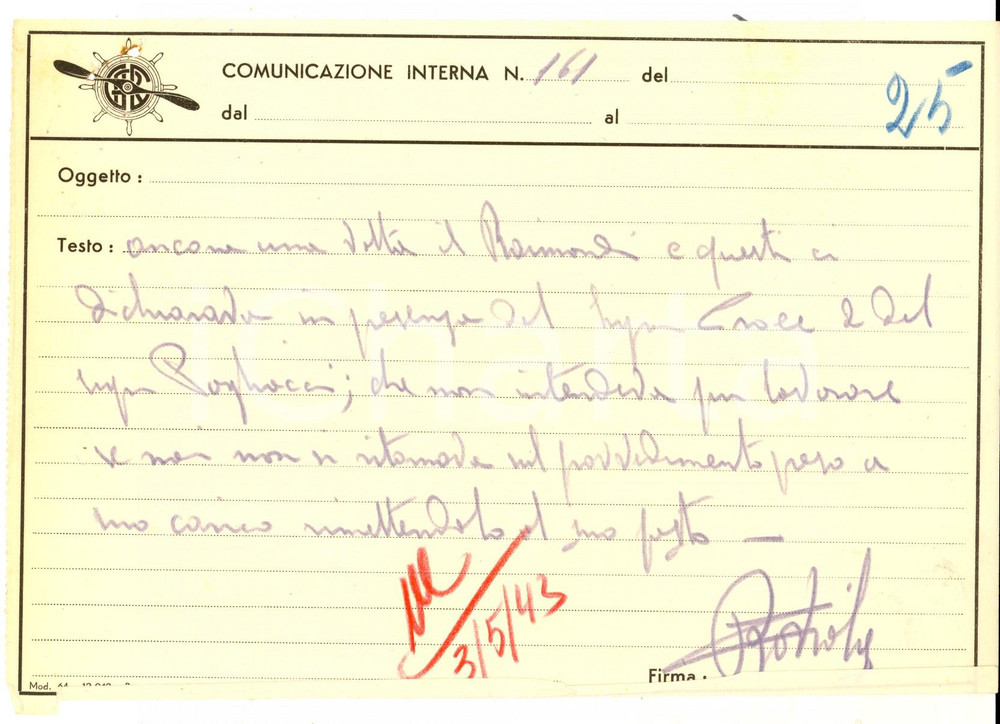 Documento originale, autentico 1943 LEGNANO Industria Meccanica  Provvedimenti contro operaio Isidoro RAIMONDI 1