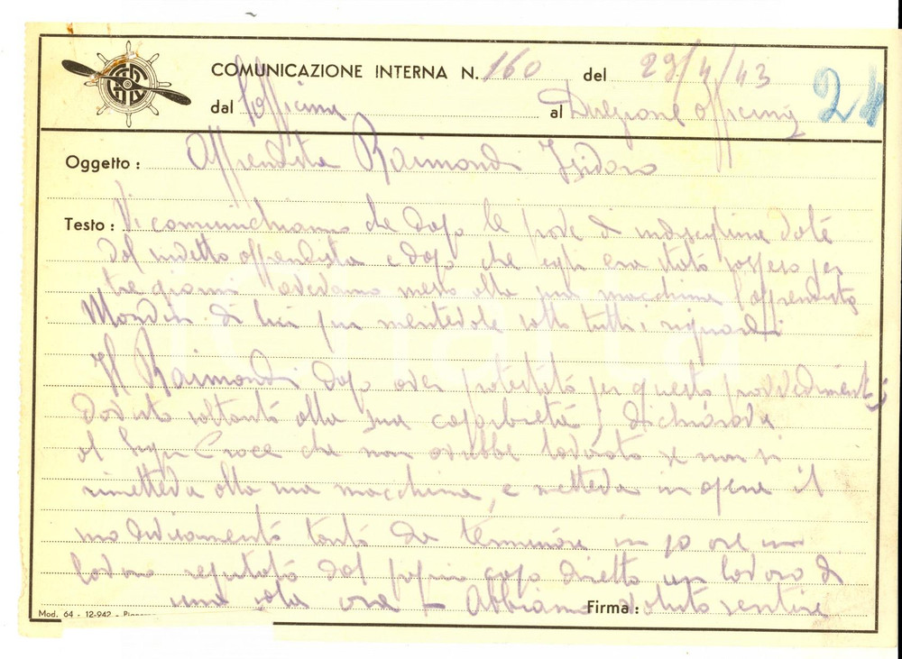 Documento originale, autentico 1943 LEGNANO Industria Meccanica  Proteste dell apprendista Isidoro RAIMONDI 1