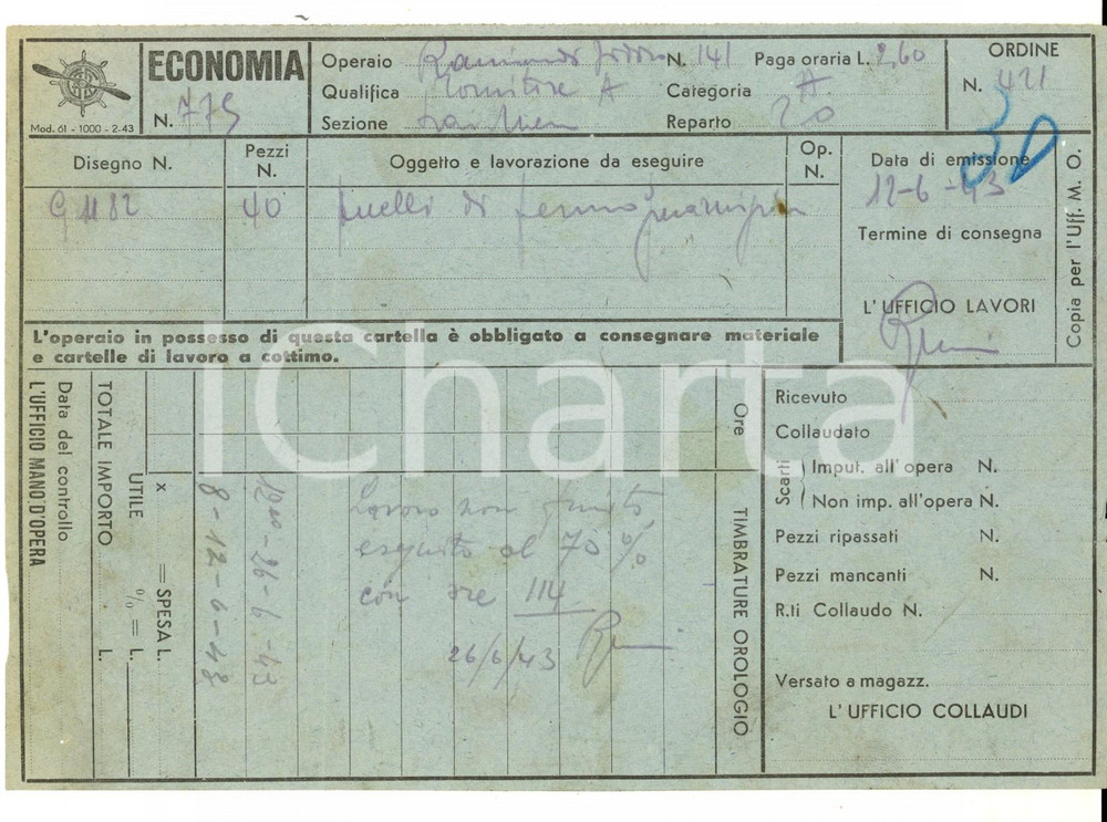 Documento originale, autentico 1943 LEGNANO Industria Meccanica  Scheda Isidoro RAIMONDI lavoro non finito 1