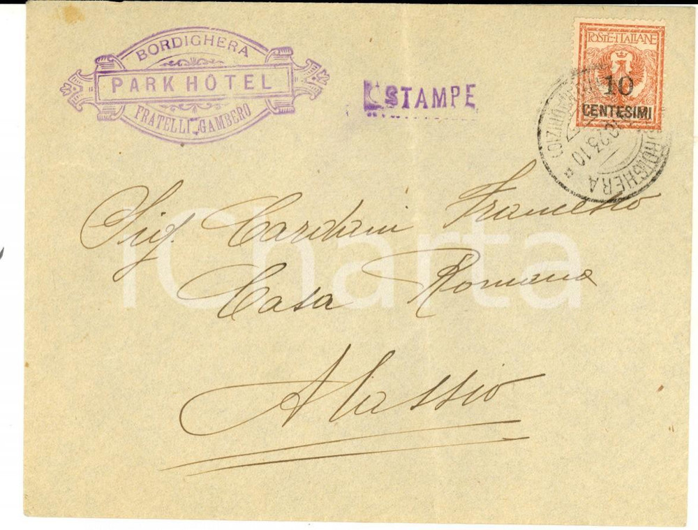 Materiale pubblicitario d’epoca 1910 BORDIGHERA STORIA POSTALE Busta PARK HOTEL Fratelli GAMBERO 2 cent. 1