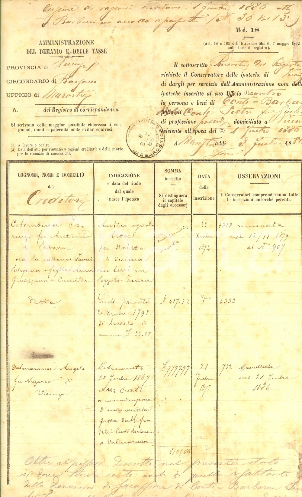 Documento originale, autentico 1886 MAROSTICA Iscrizioni a carico di Pietro CONTI BARBARANO Documento 1