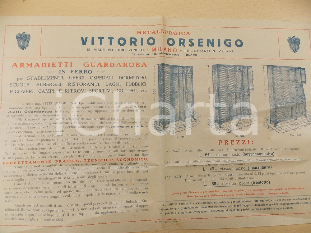 Materiale pubblicitario d’epoca 1930 ca MILANO Ditta VITTORIO ORSENIGO Armadietti guardaroba Velina 46x29 1