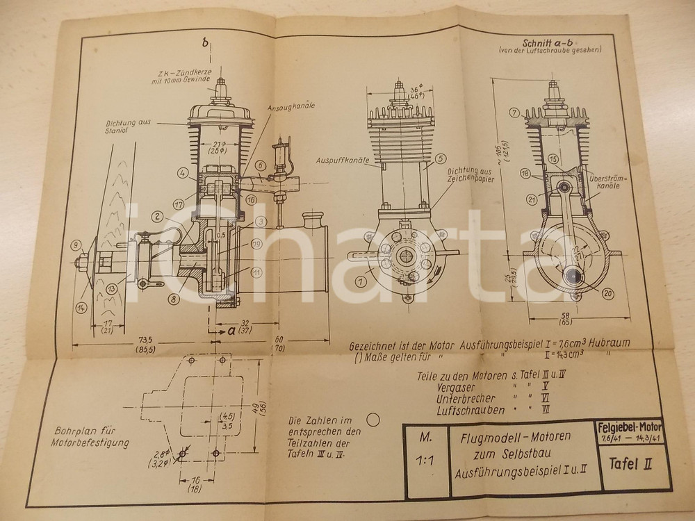 Mappa, planimetria storica 1942 A. FELGIEBEL Benzinmotoren  Flugmodell  Motoren zum Selbstau Tafel II 1