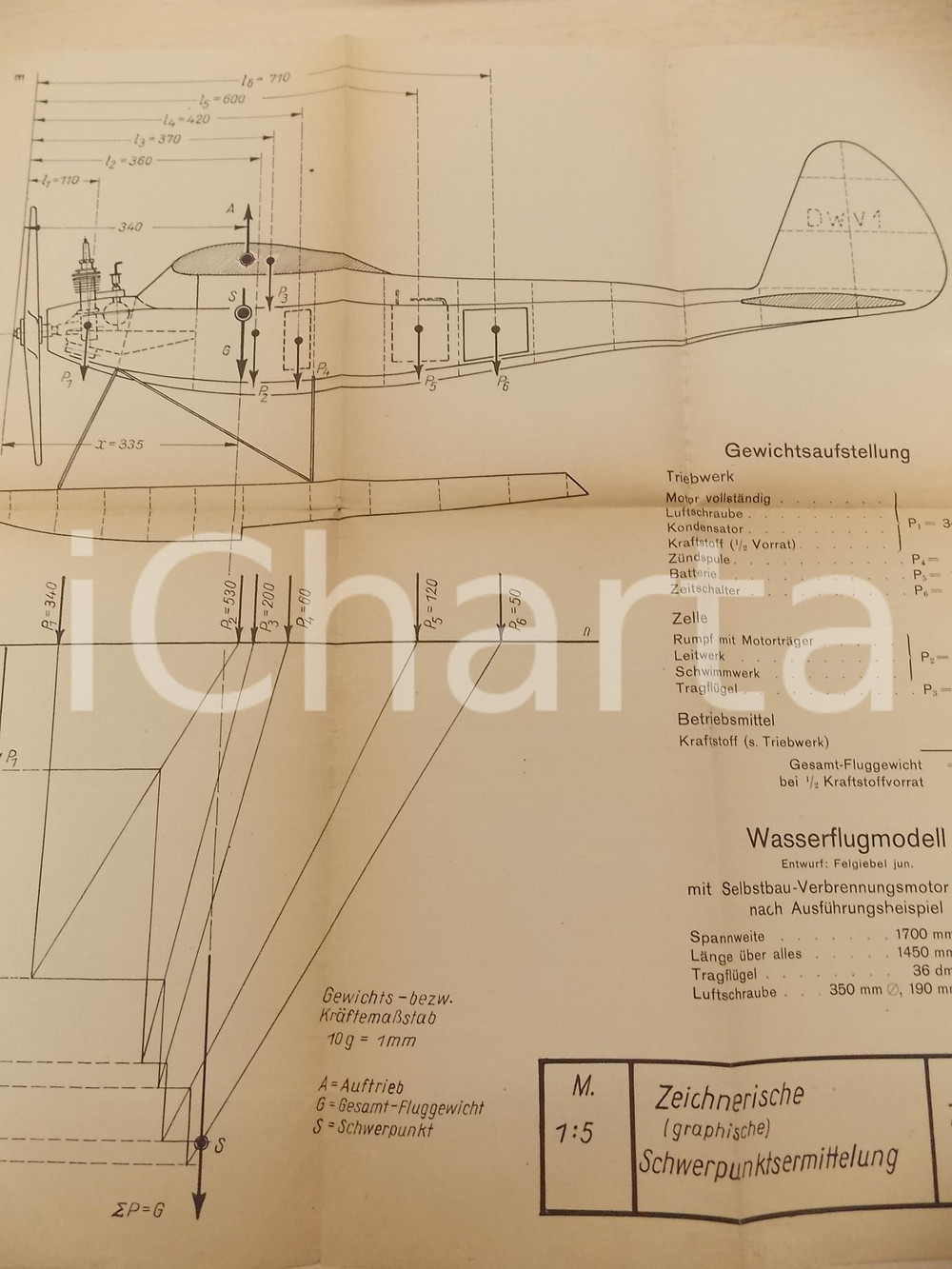 Mappa, planimetria storica 1942 A. FELGIEBEL Benzinmotoren  Zeichnerische Schwerpunktsermittelung Tafel I 1