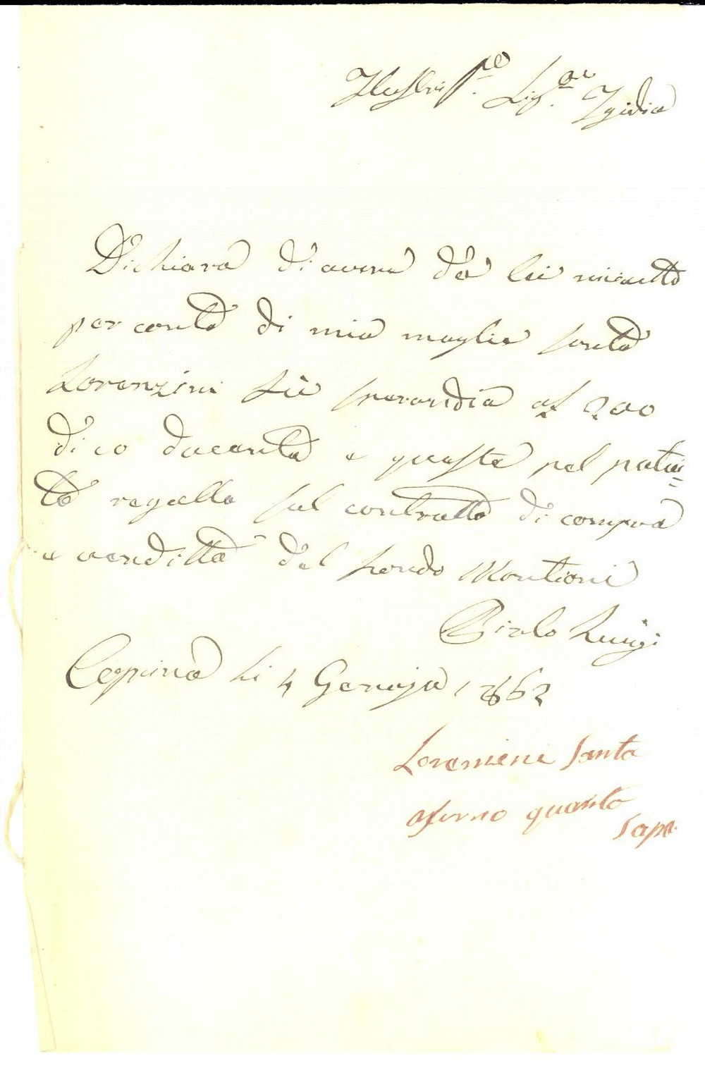 Documento originale, autentico 1862 CAPRINO VERONESE Ricevuta Luigi PIRLO per compravendita fondo MONTIONI 1