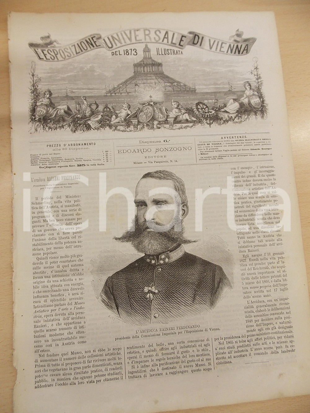 Giornale, rivista storica 1873 ESPOSIZIONE UNIVERSALE DI VIENNA Arciduca Raineri Ferdinando Rivista nÂ° 6 1