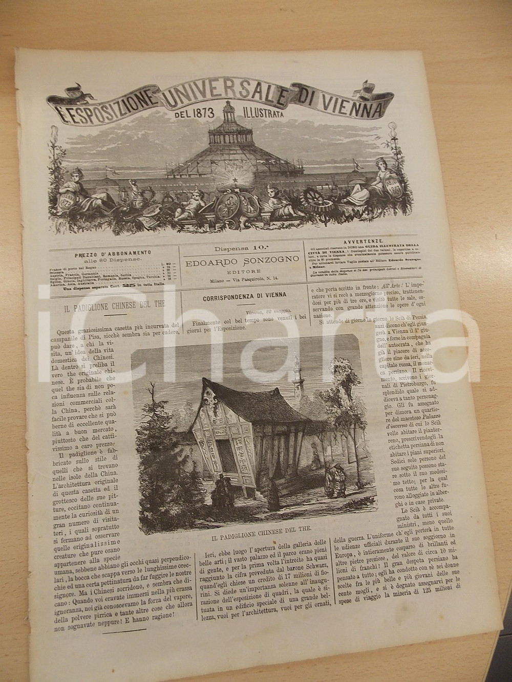Giornale, rivista storica 1873 ESPOSIZIONE DI VIENNA Padiglione CINA  Edifici del parco Rivista nÂ°10 1