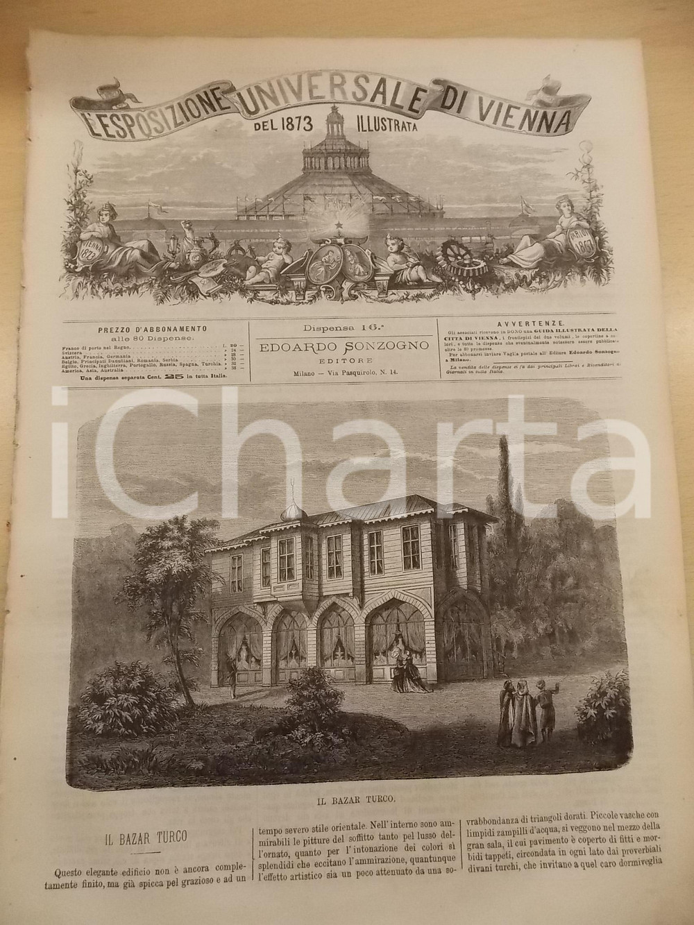 Giornale, rivista storica 1873 ESPOSIZIONE UNIVERSALE VIENNA Bazar turco  Palloni volanti Rivista nÂ°16 1