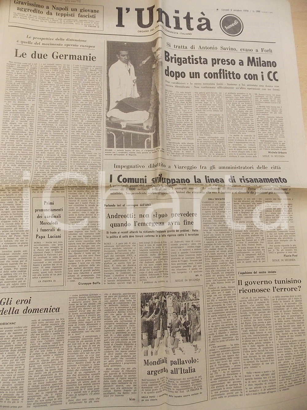 Giornale, rivista storica 1978 L UNITA  ANNI DI PIOMBO Arresto brigatista Antonio SAVINO Giornale nÂ° 39 1