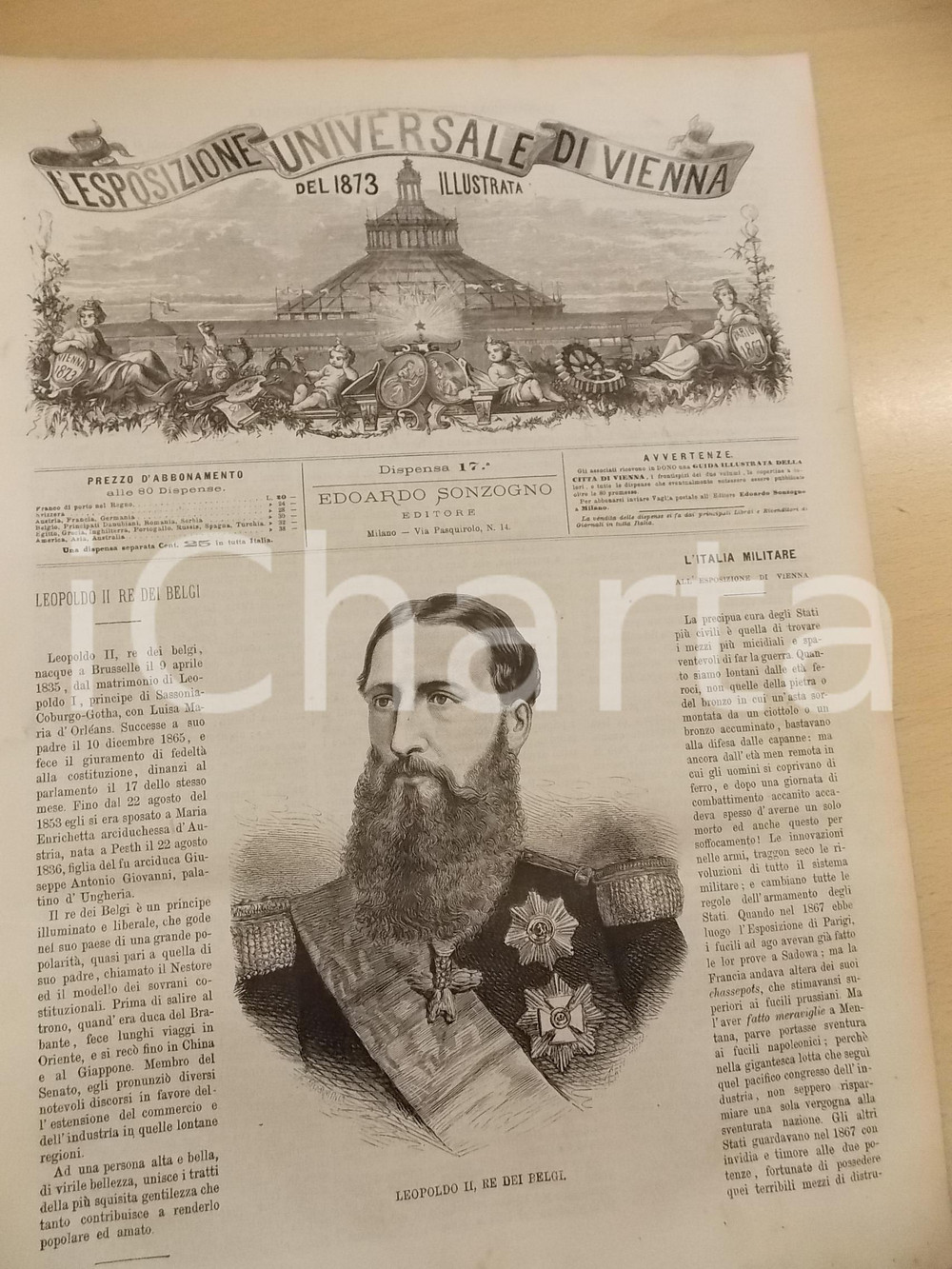 Giornale, rivista storica 1873 ESPOSIZIONE DI VIENNA Leopoldo del Belgio  Operai giapponesi Rivista nÂ°17 1