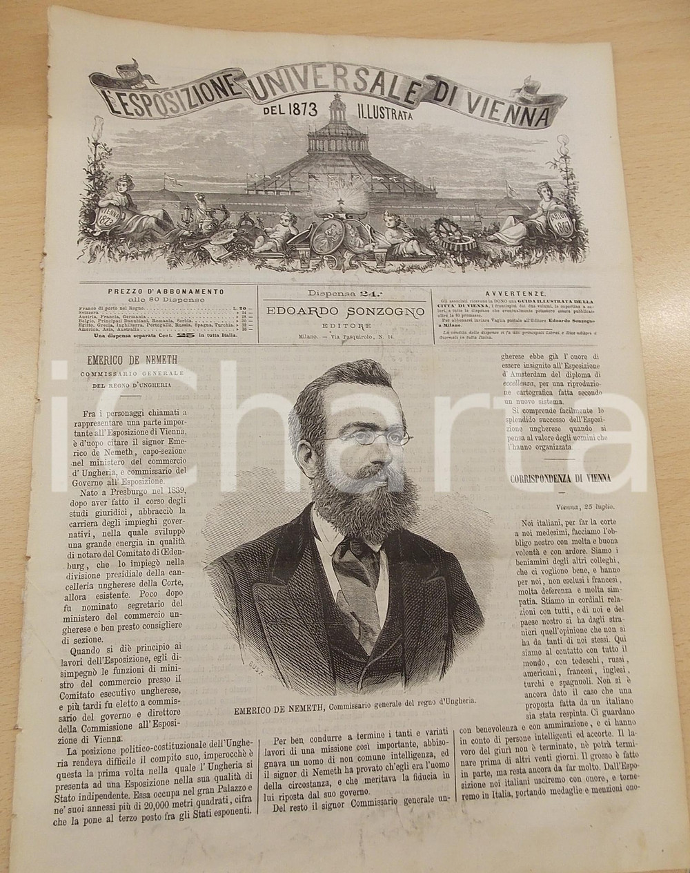 Giornale, rivista storica 1873 ESPOSIZIONE DI VIENNA Emerico DE NEMETH  Padiglione KRUPP Rivista nÂ° 24 1