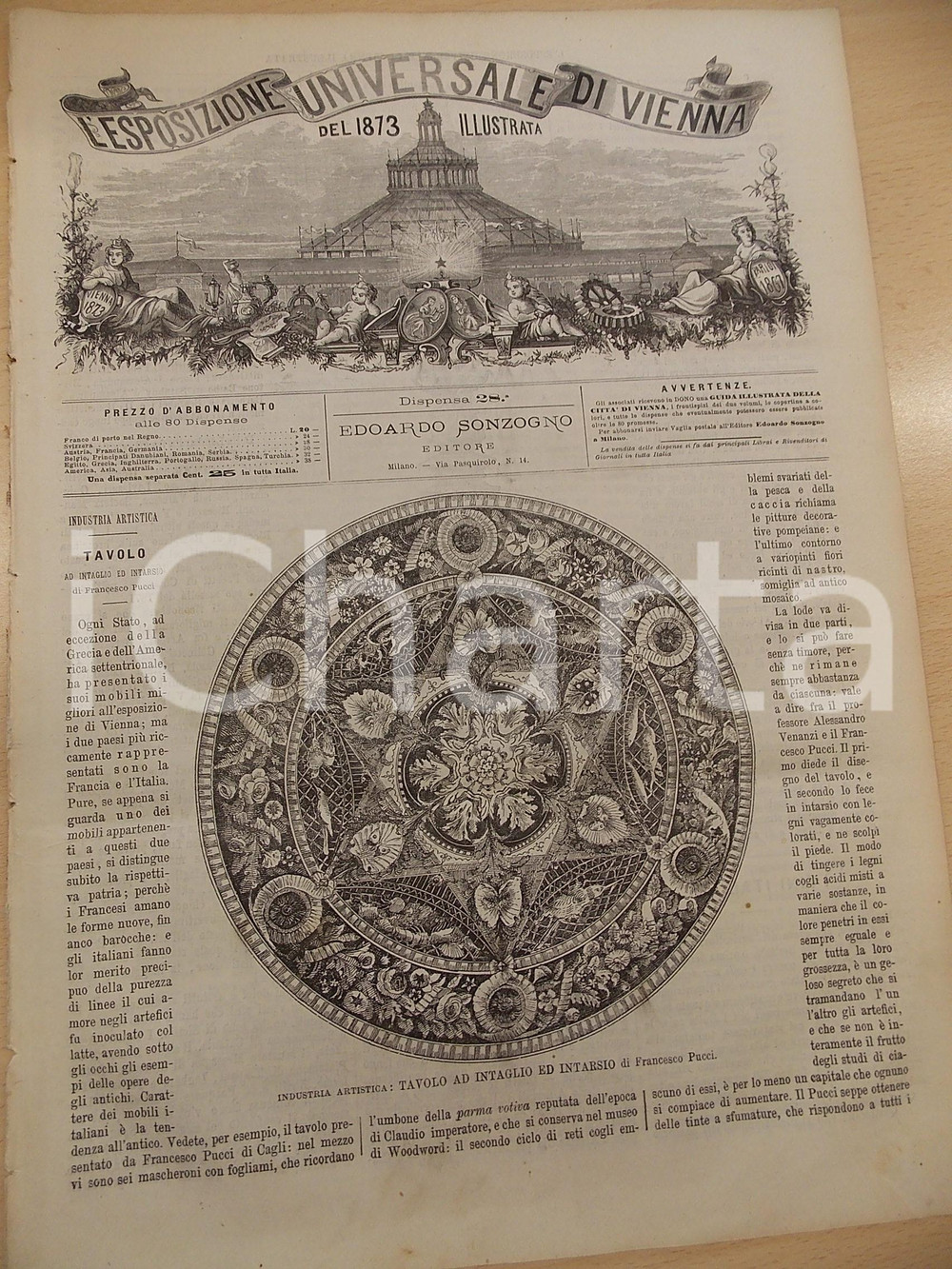 Giornale, rivista storica 1873 ESPOSIZIONE UNIVERSALE DI VIENNA Intarsi di Francesco PUCCI Rivista nÂ° 28 1