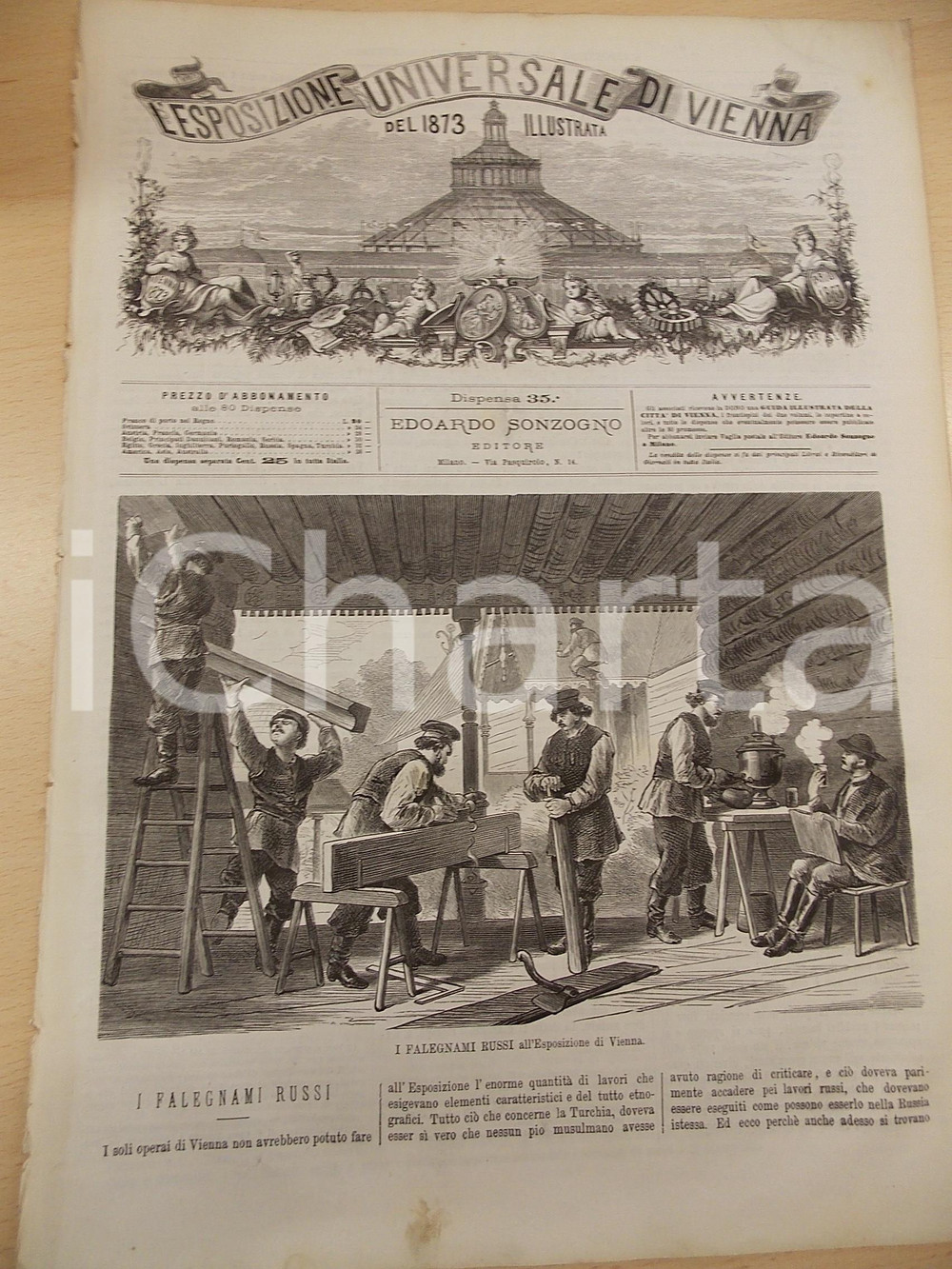 Giornale, rivista storica 1873 ESPOSIZIONE UNIVERSALE DI VIENNA Falegnami russi Rivista nÂ° 35 1