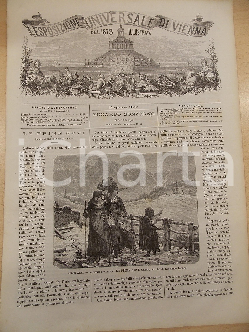 Giornale, rivista storica 1873 ESPOSIZIONE UNIVERSALE DI VIENNA Prime nevi  Gerolamo INDUNO Rivista n°39 1