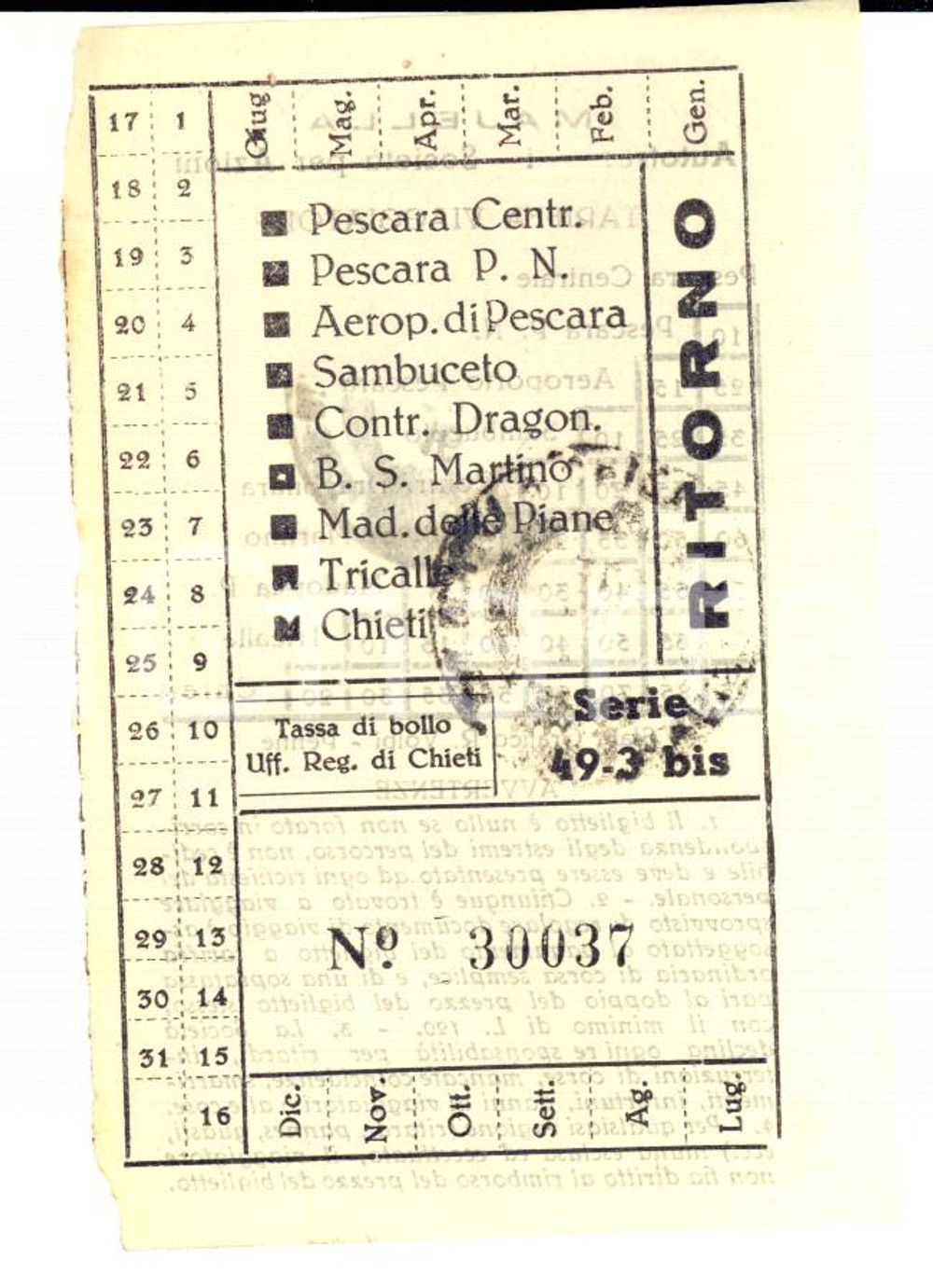Oggetto da collezione cartaceo 1948 Autolinea PESCARA CENTRALE  CHIETI Biglietto con bolli 1