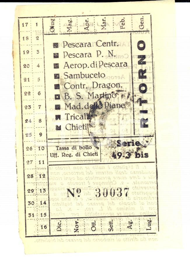 Oggetto da collezione cartaceo 1948 Autolinea PESCARA CENTRALE  CHIETI Biglietto con bolli 1