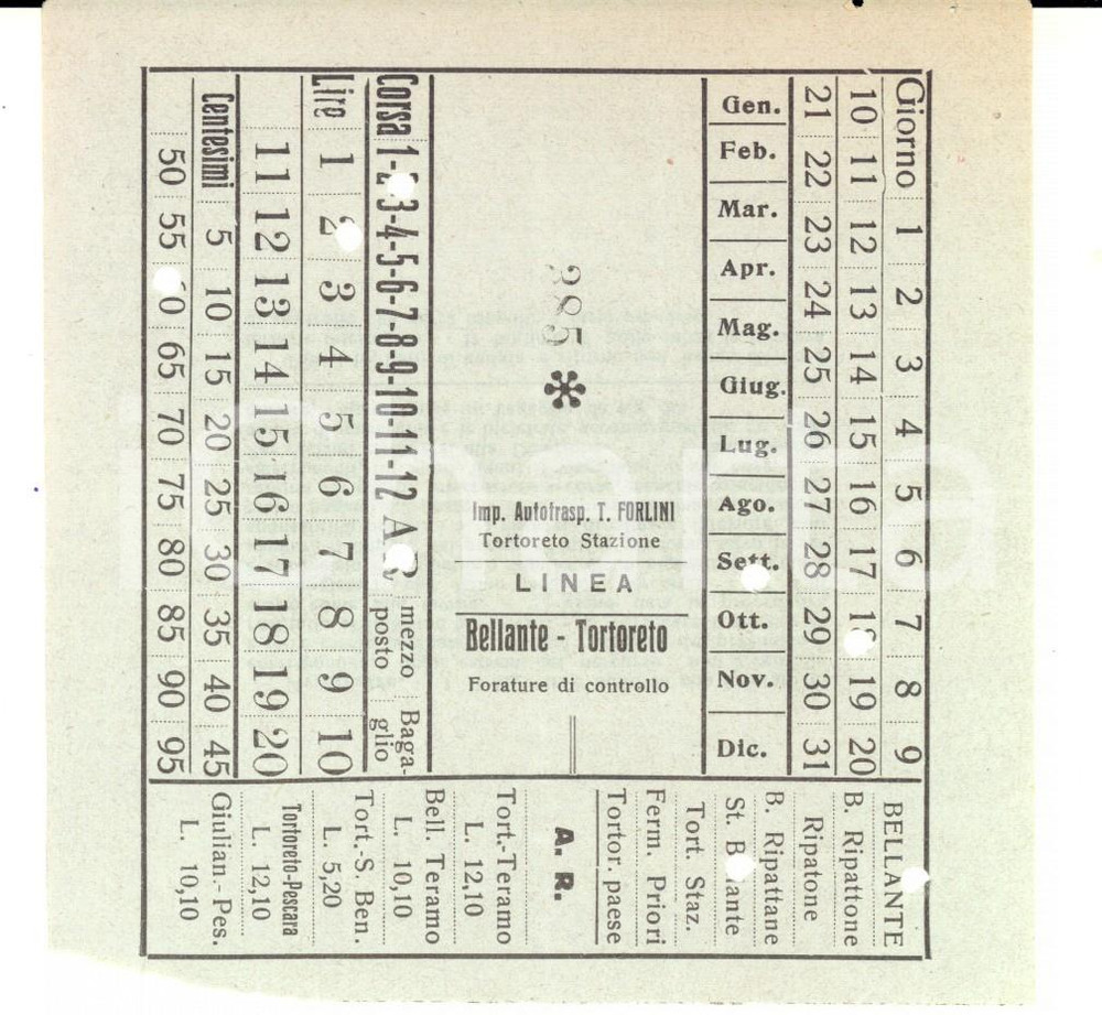 Oggetto da collezione cartaceo 1940 ca Autotrasporti FORLINI Linea BELLANTE  TORTORETO Abbonamento 1