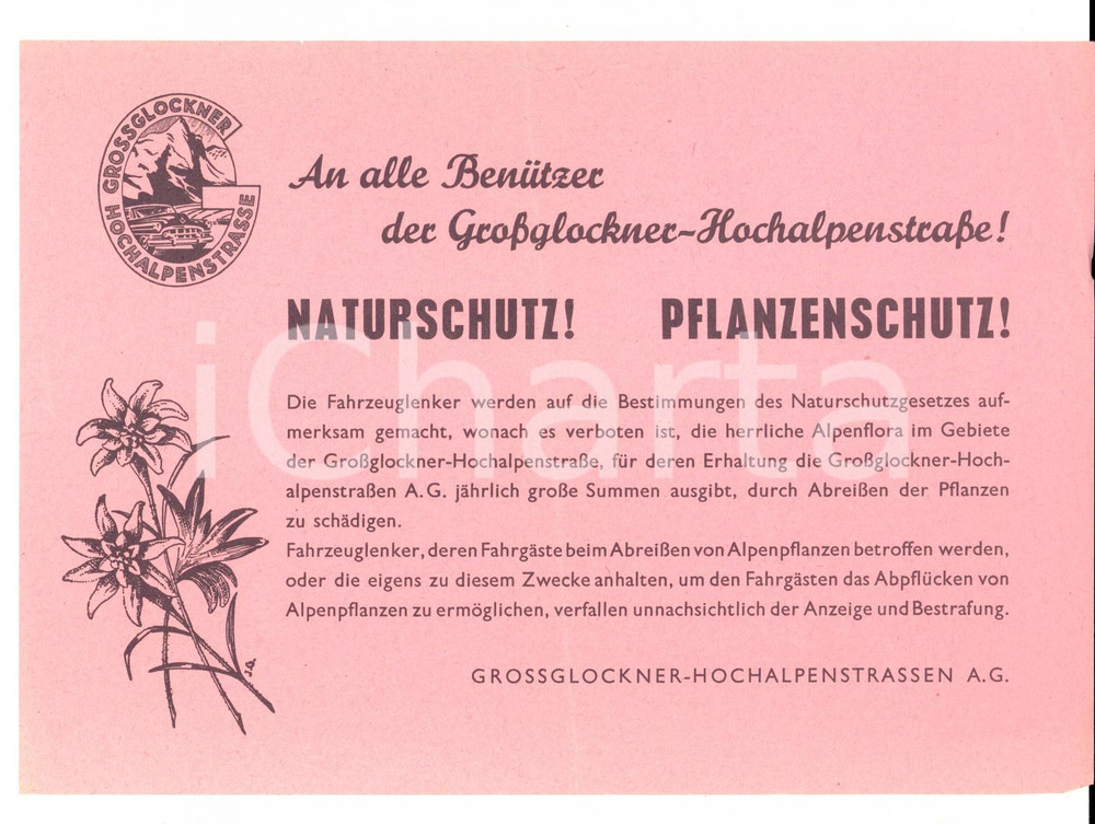 Materiale pubblicitario d’epoca 1950 ca GROSSGLOCKNERHOCHALPENSTRASSE Volantino pubblicitario TURISMO 1