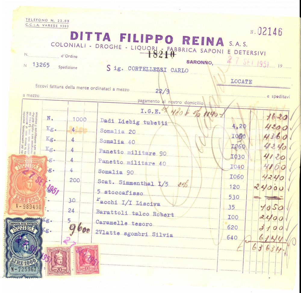 Manoscritto, lettera originale 1951 SARONNO Ditta Filippo REINA Fattura per coloniali e droghe Bolli 1