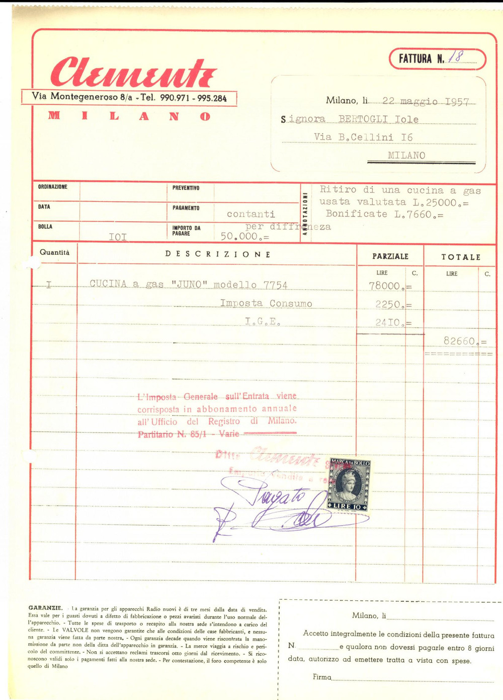 Manoscritto, lettera originale 1957 MILANO Ditta CLEMENTE Fattura per ritiro di cucina a gas Bollo Lire 10 1