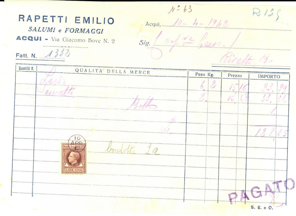 Manoscritto, lettera originale 1942 ACQUI TERME Emilio RAPETTI Salumi e formaggi Fattura con bollo DANNEGGIATA 1