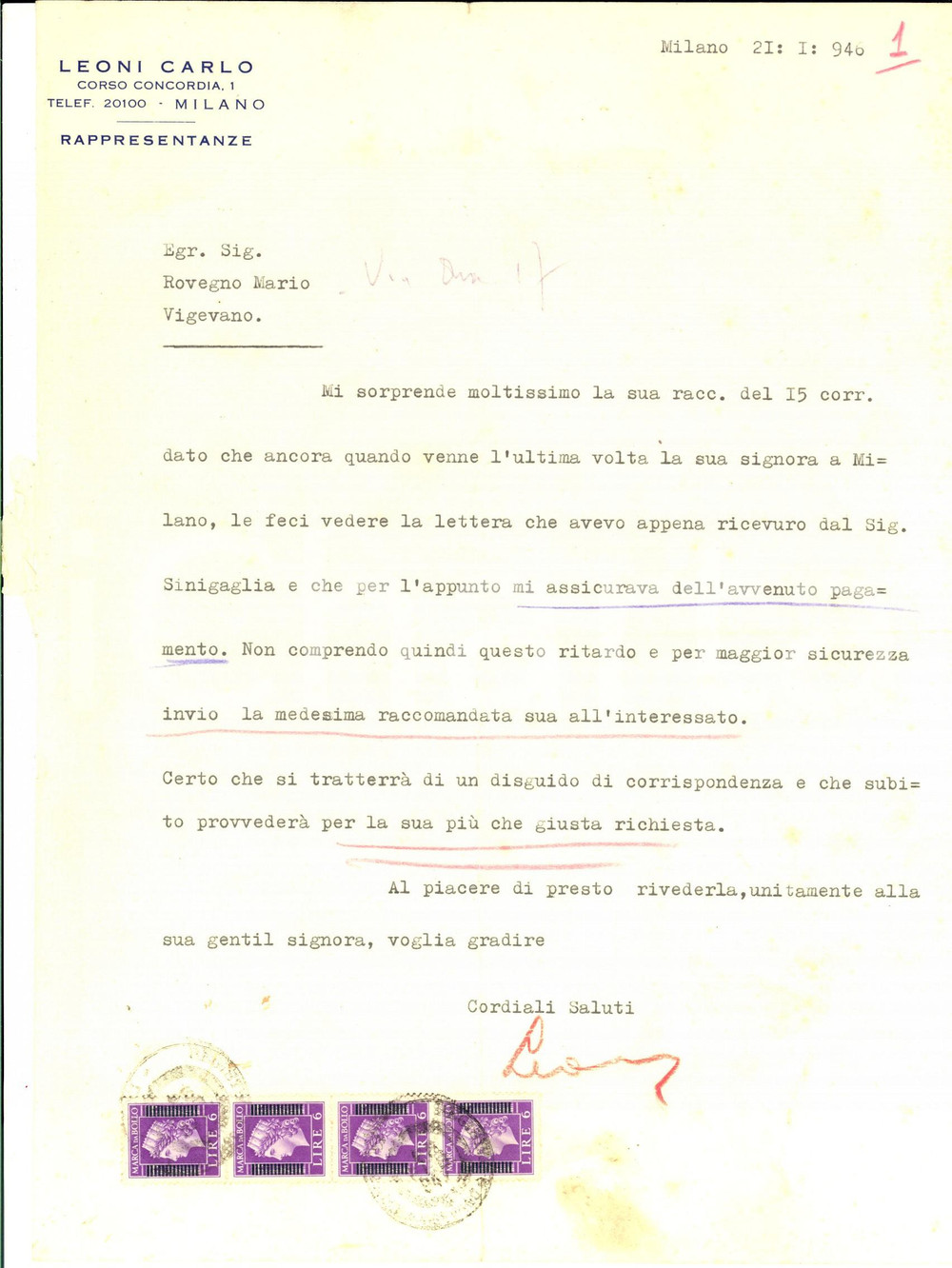 Documento originale, autentico 1946 MILANO Carlo LEONI Rappresentanze  Lettera commerciale Bolli 1