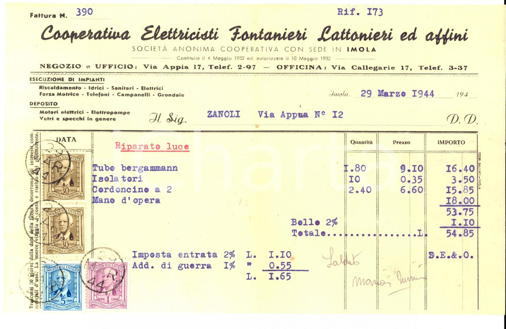 Manoscritto, lettera originale 1944 IMOLA Cooperativa Elettricisti Fontanieri Lattonieri Fattura riparazioni 1