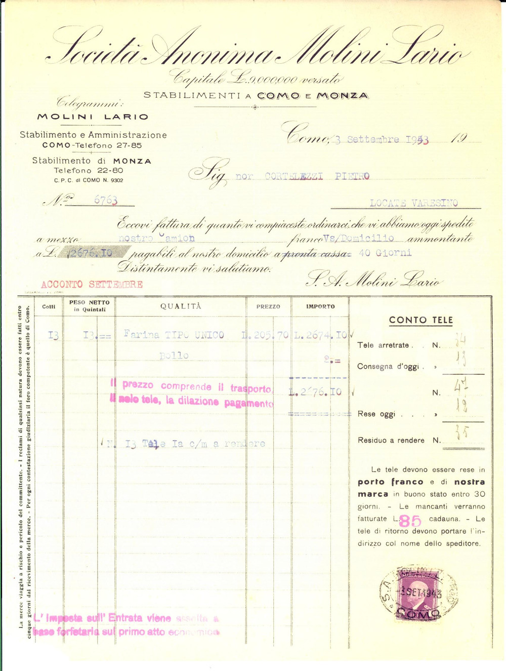 Documento originale, autentico 1943 COMO SocietÃ  Anonima MOLINI LARIO Fattura per farina tipo unico 1