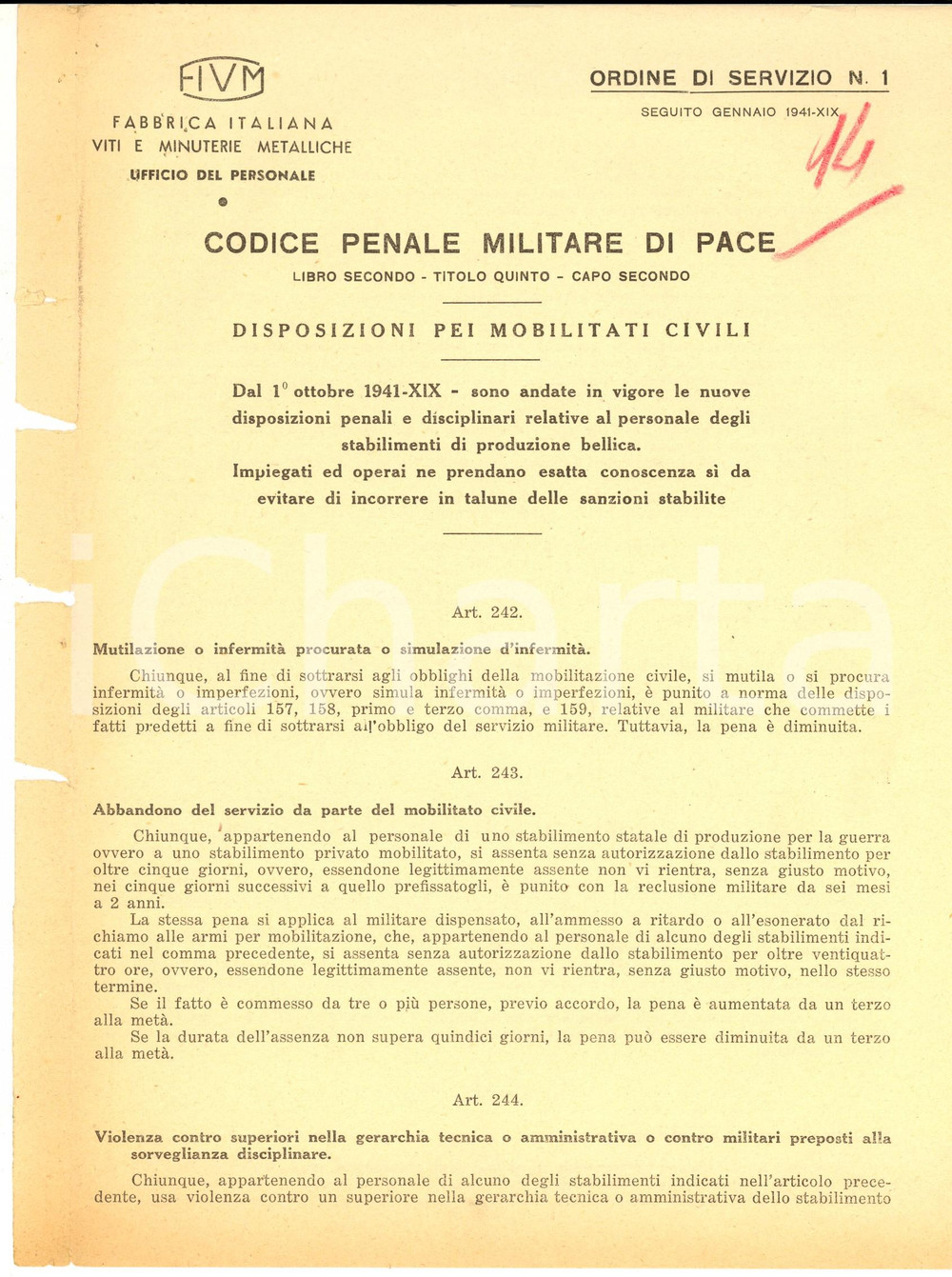 Documento originale, autentico 1941 WW2 FIVM Ordine di servizio  Disposizioni mobilitati civili DANNEGGIATO 1