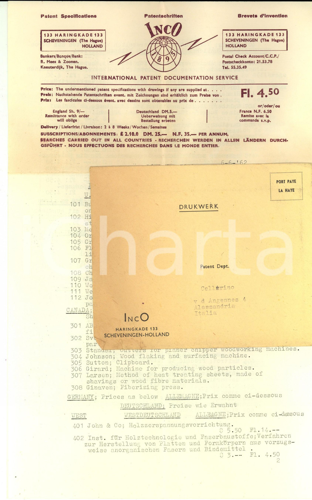 Manoscritto, lettera originale 1962 USA Brevetto INCO   Patent specifications for fiber boards  CELLERINO 1