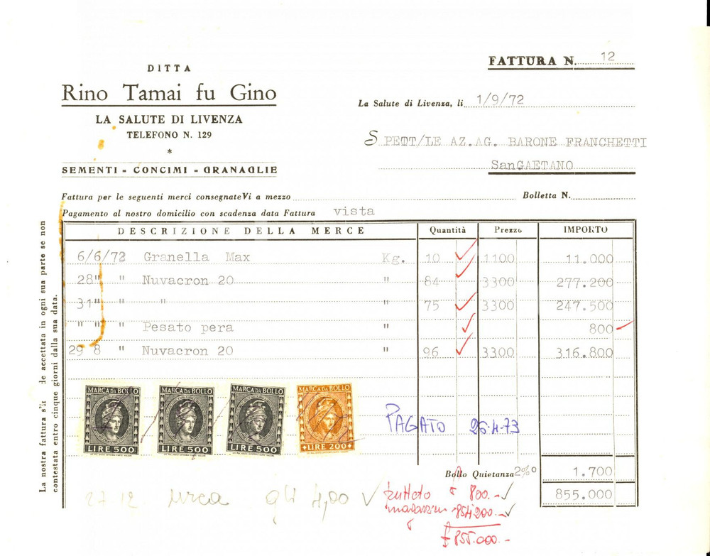 Documento originale, autentico 1972 LA SALUTE DI LIVENZA Ditta Rino TAMAI fu Gino  Sementi e concimi Fattura 1