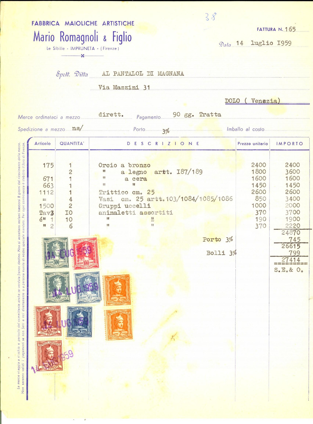 Documento originale, autentico 1959 IMPRUNETA FI Fabbrica maioliche Mario ROMAGNOLI Fattura con bolli 1