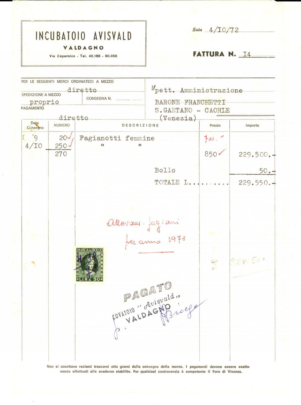 Documento originale, autentico 1972 VALDAGNO VI Incubatoio AVISVALD  Fattura per allevamento fagianotti 1