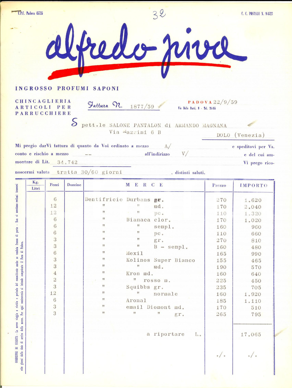Documento originale, autentico 1959 PADOVA Alfredo PIVA ingrosso profumi saponi Fattura commerciale 1