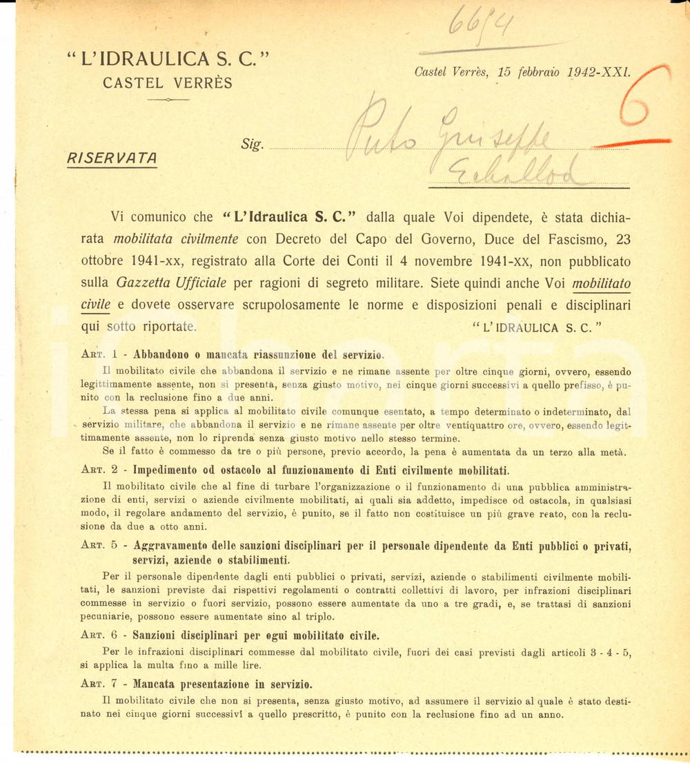 Documento originale, autentico 1942 CASTEL VERRES AO WW2 Ditta L Idraulica mobilitata civilmente  Documento 1