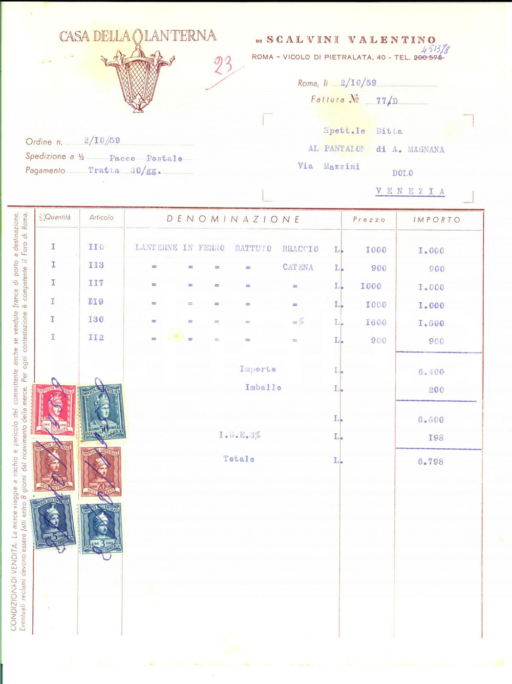 Documento originale, autentico 1959 ROMA CASA DELLA LANTERNA di Valentino SCALVINI Fattura commerciale 1