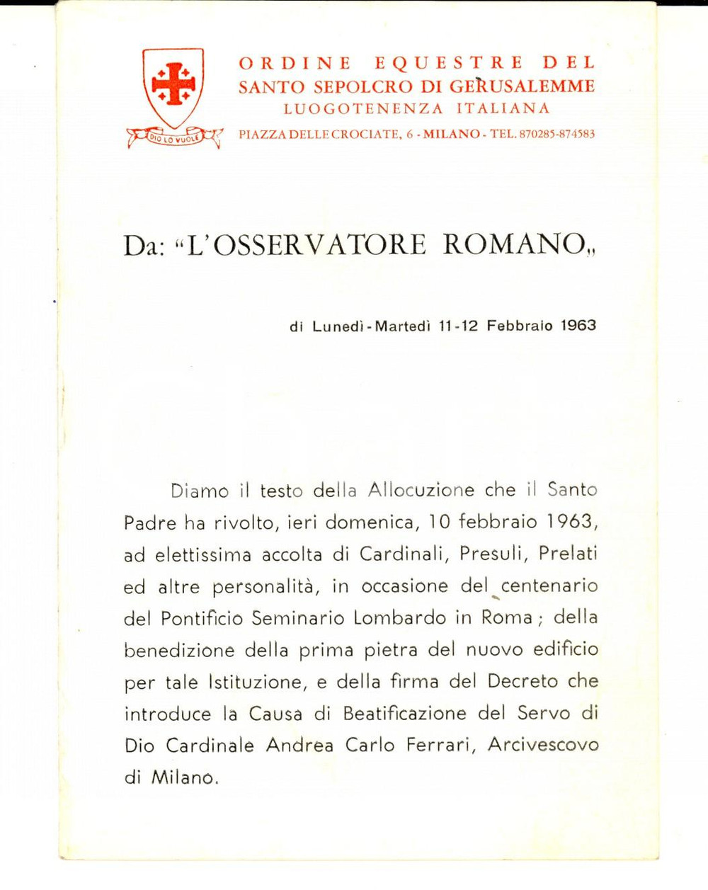 Libro, pubblicazione d epoca 1963 MILANO Ordine del SANTO SEPOLCRO Allocuzione Papa per Seminario Lombardo 1