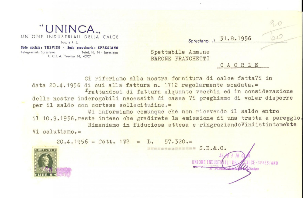Documento originale, autentico 1956 SPRESIANO SocietÃ  UNINCA Unione Industriali Calce Lettera commerciale 1