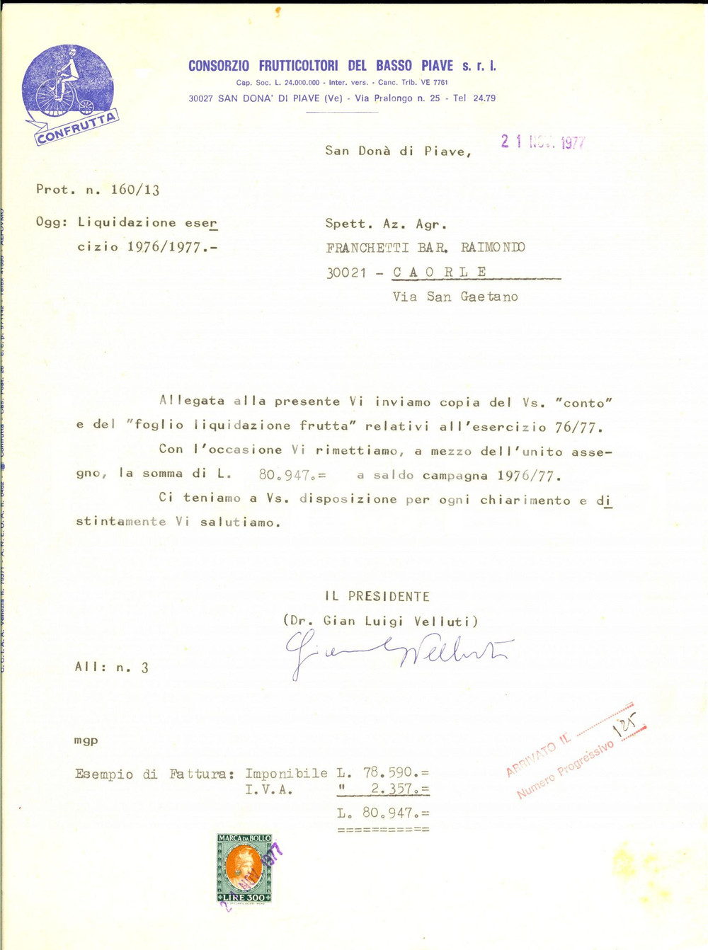Documento originale, autentico 1977 SAN DONA  DI PIAVE Consorzio Frutticoltori Basso Piave Lettera commerciale 1