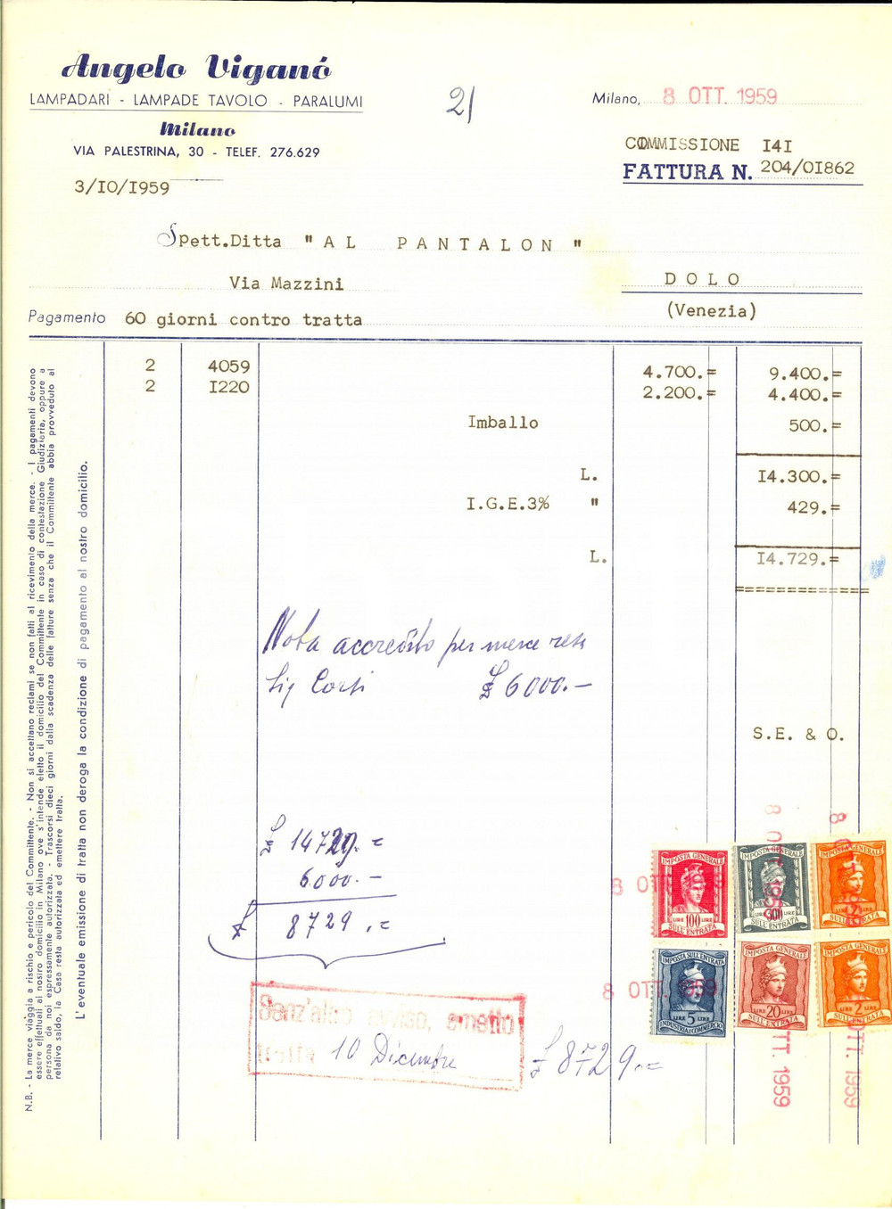Documento originale, autentico 1959 MILANO Angelo VIGANO  Lampade e paralumi Fattura con bolli 1