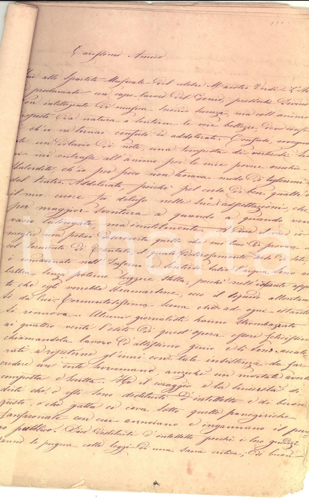 Manoscritto, lettera originale 1875 ca PARMA Giuseppe BARILLI disprezza l Aida di Verdi Manoscritto 1