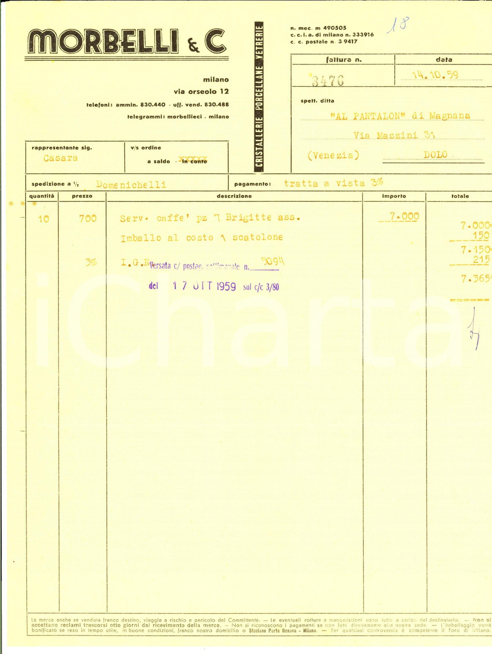 Documento originale, autentico 1959 MILANO Ditta MORBELLI & C.  Fattura per servizio caffÃ¨ 1