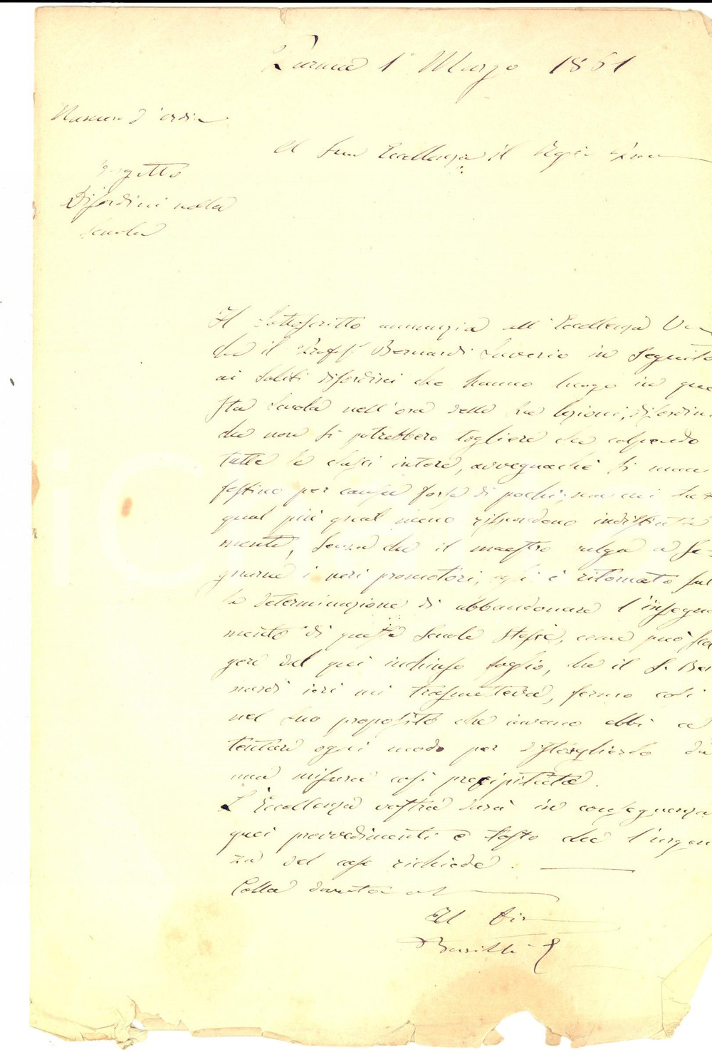 Autografo originale 1861 PARMA Giuseppe BARILLI contro gli studenti indisciplinati AUTOGRAFO 1