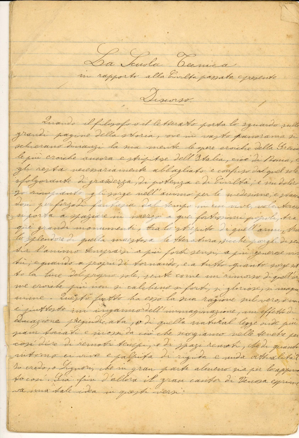 Documento originale, autentico 1870 ca PARMA Discorso di un professore sulla Scuola Tecnica Manoscritto 38 pp. 1