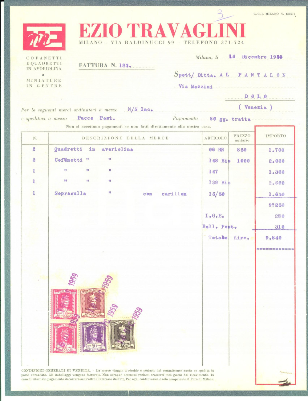 Documento originale, autentico 1959 MILANO Ezio TRAVAGLINI Cofanetti e quadretti Fattura con bolli 1