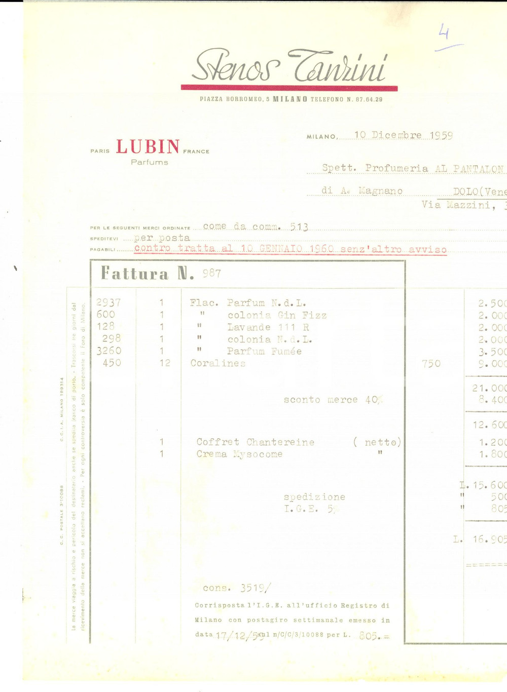 Documento originale, autentico 1959 MILANO Ditta Stenos TANZINI profumi Fattura commerciale 1